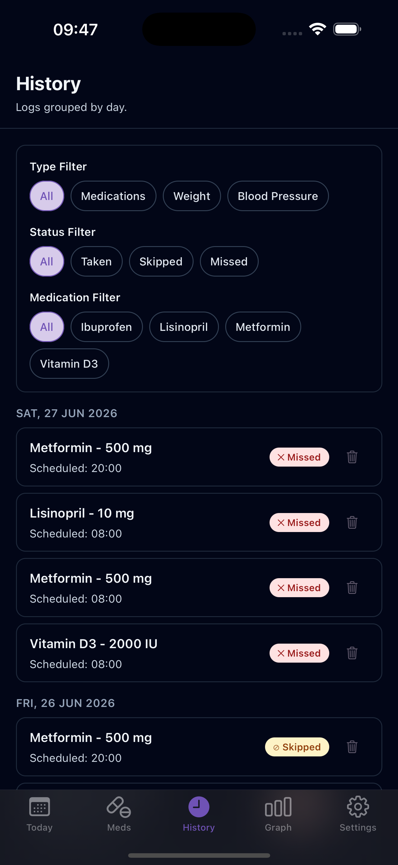 History screen in dark mode