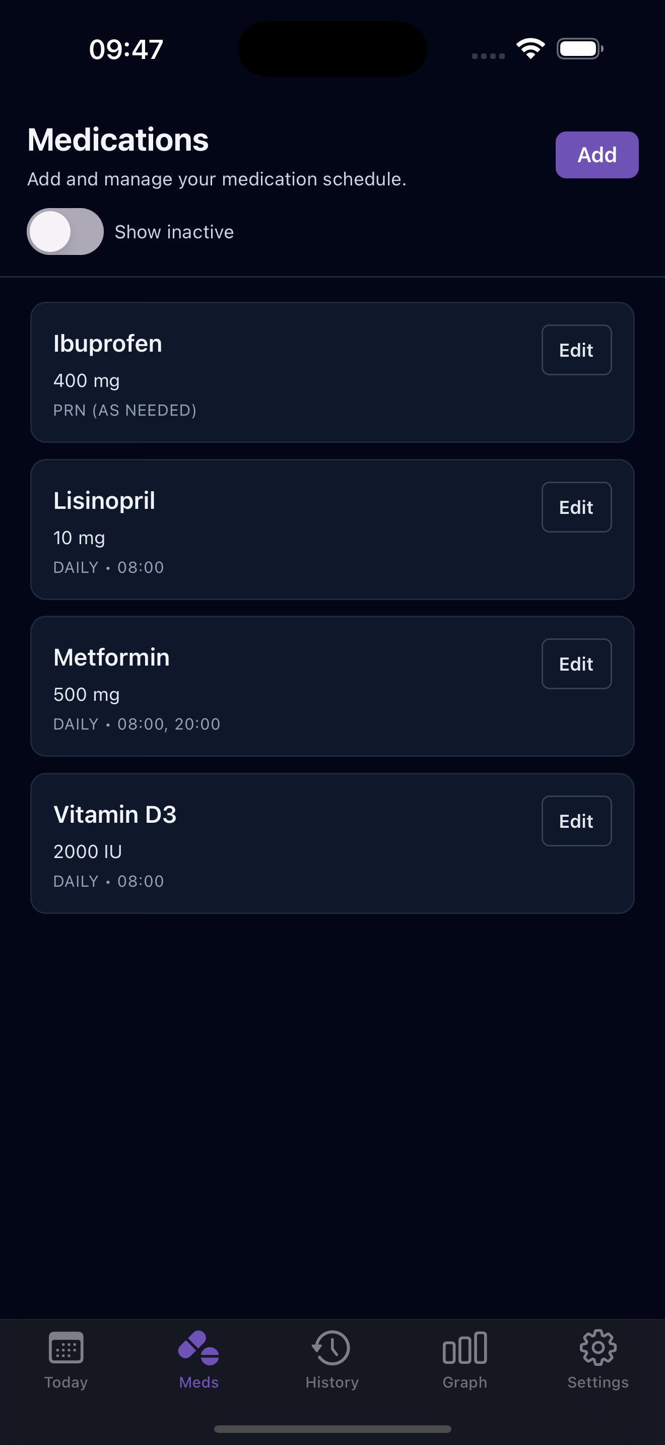 Medications screen in dark mode
