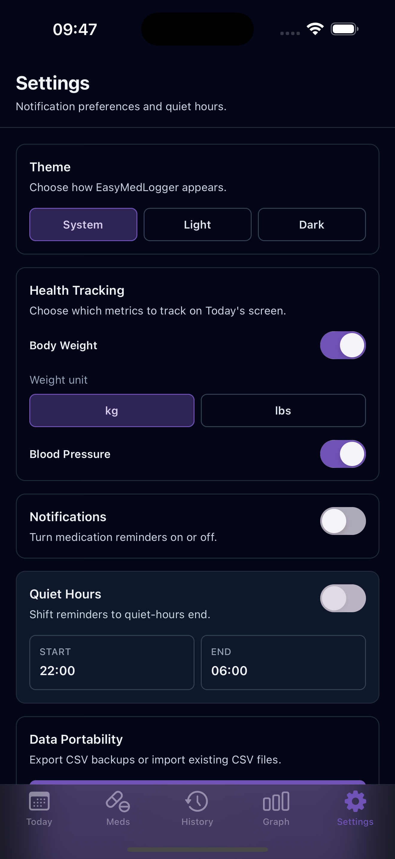 Settings screen in dark mode