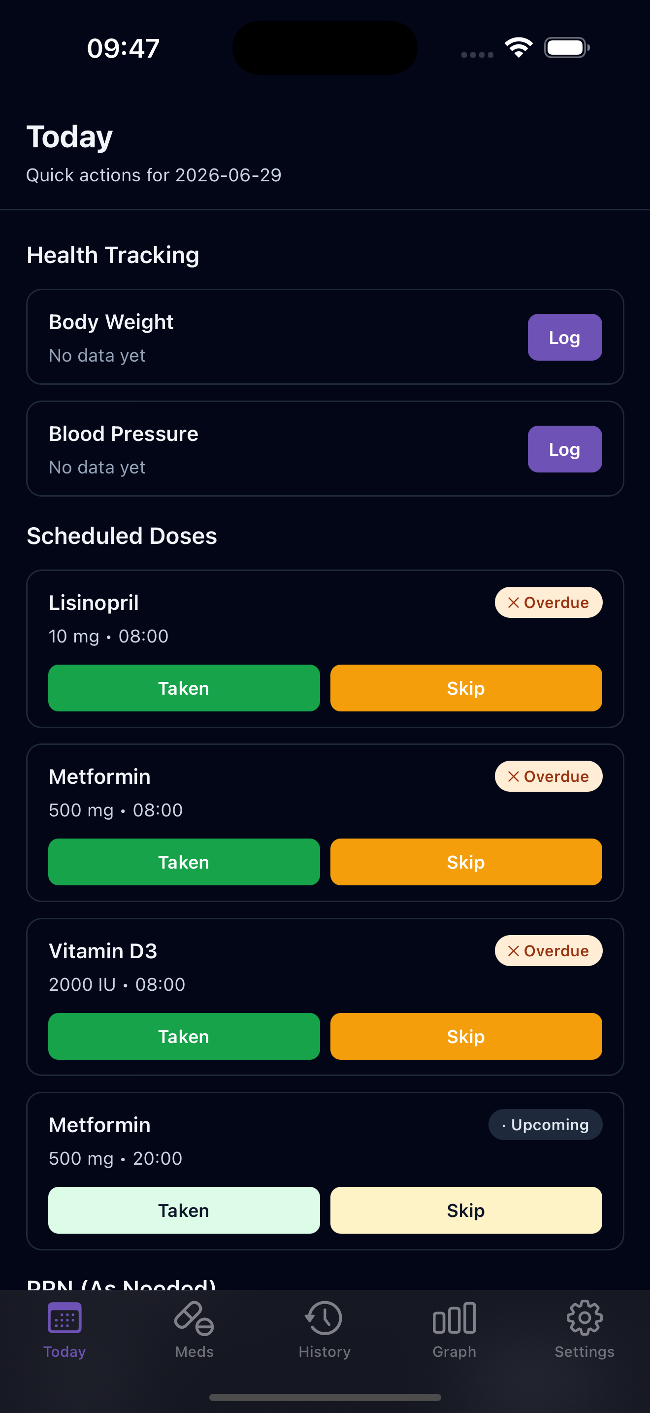 Today screen in dark mode