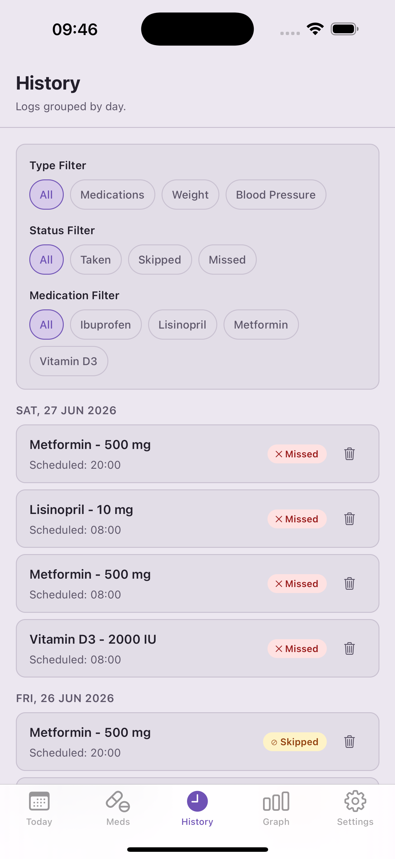 History screen showing dose logs with filters