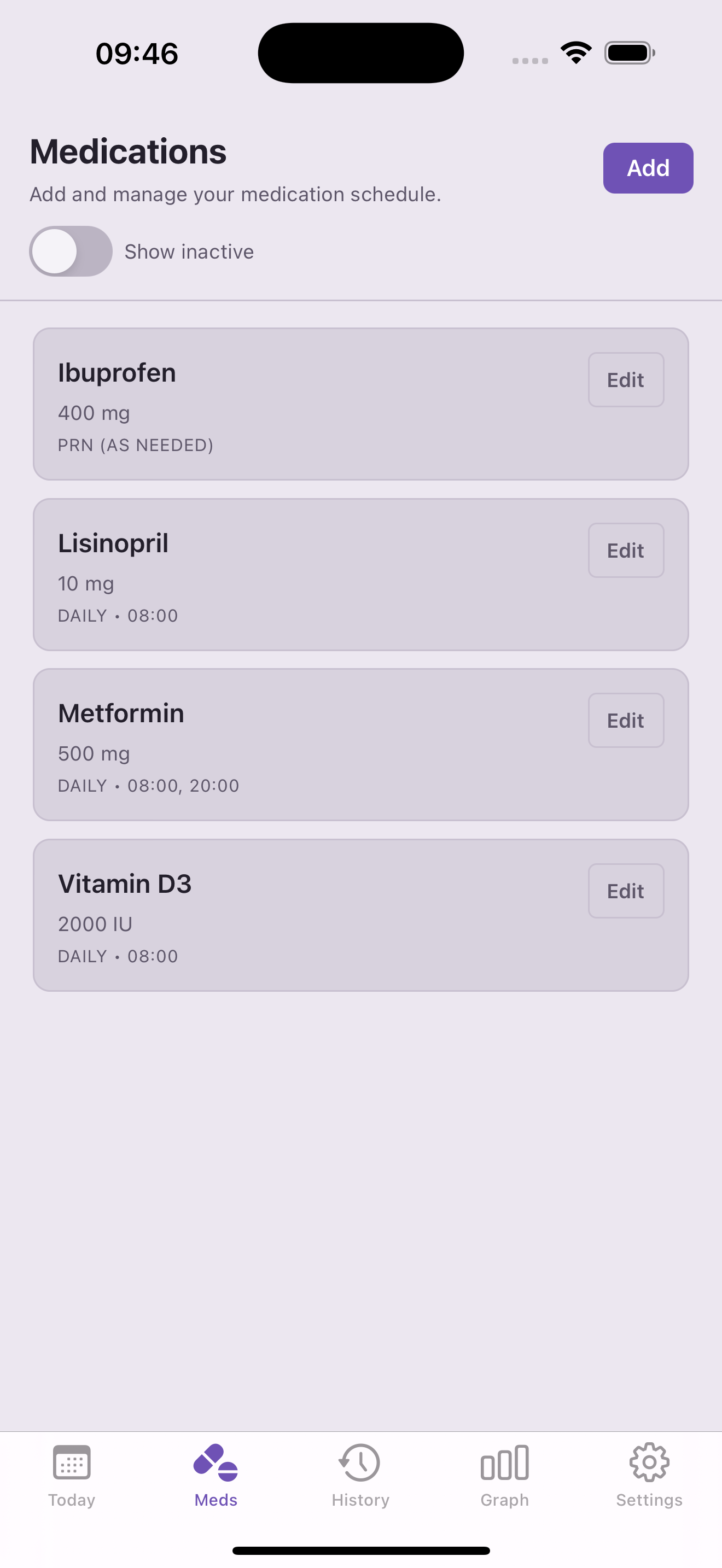 Medications screen listing all scheduled medications