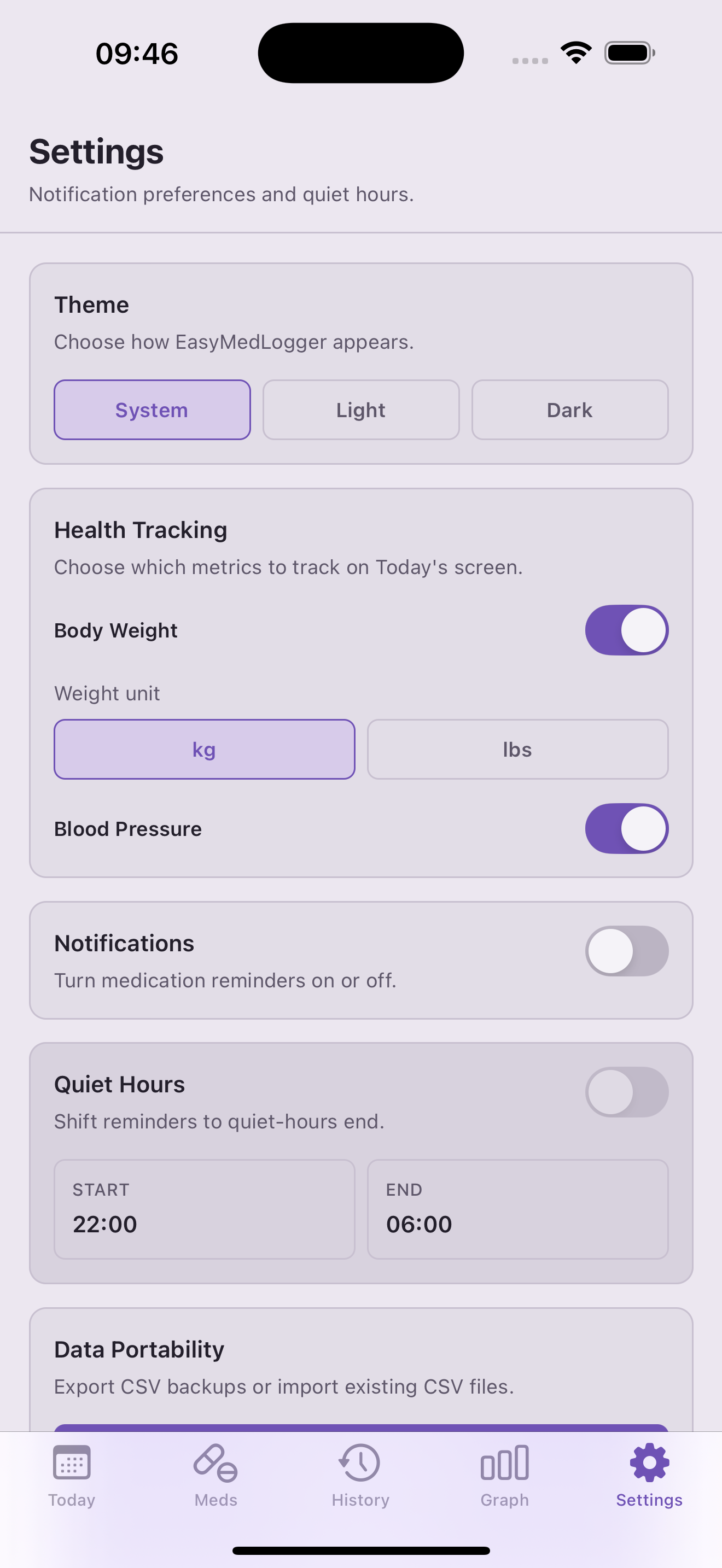 Settings screen with theme, notifications, and data options