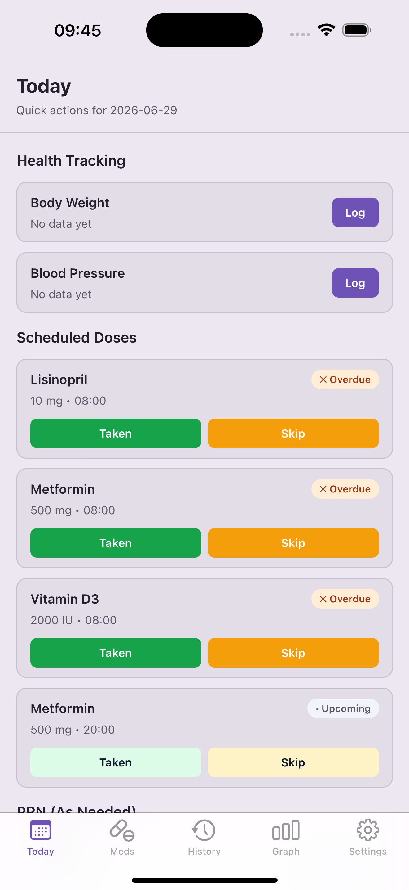EasyMedLogger Today screen